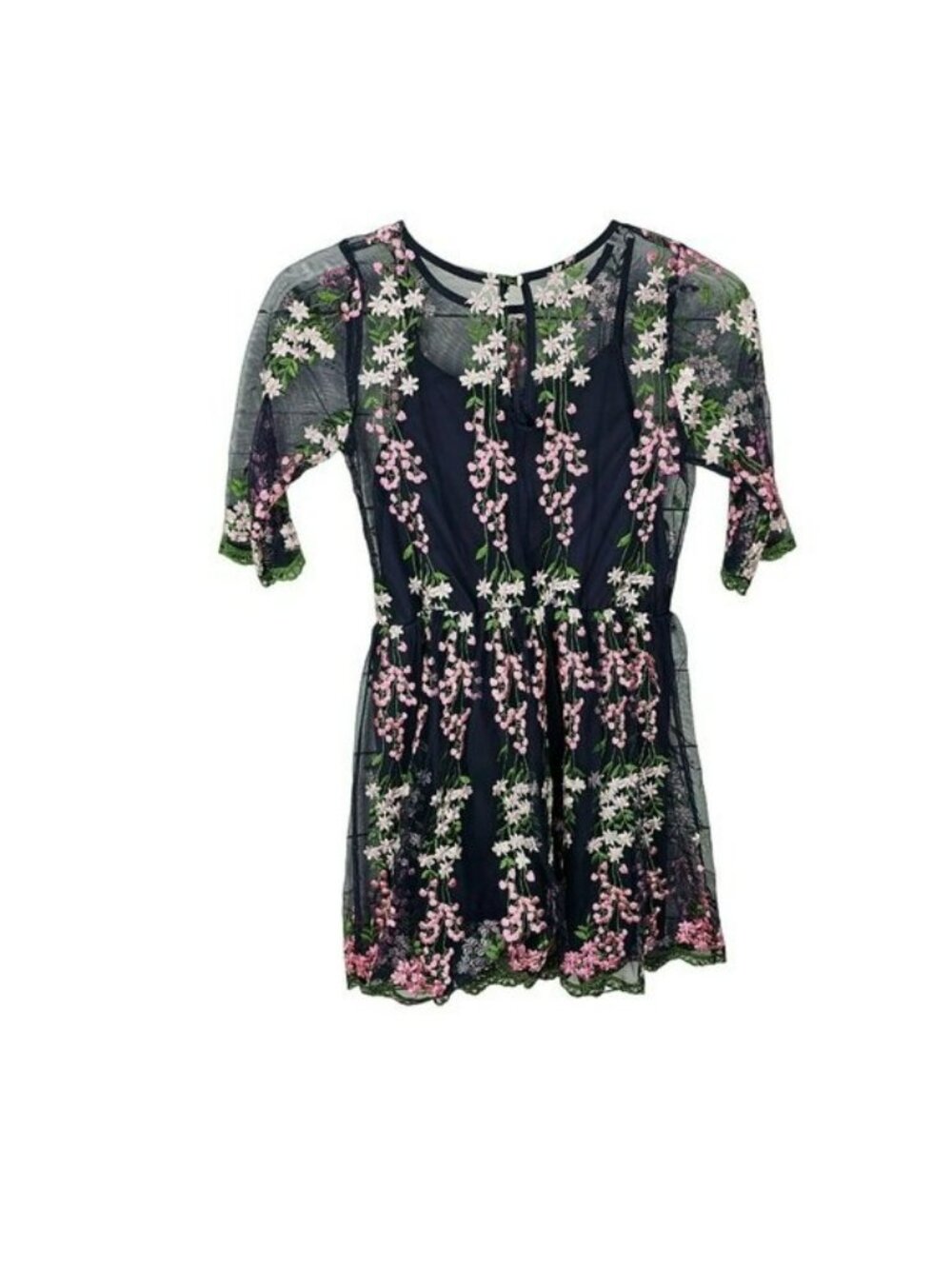 GB Girls Navy Floral Embroidered Mesh Dress XL Polyester Lining Short Sleeve Key